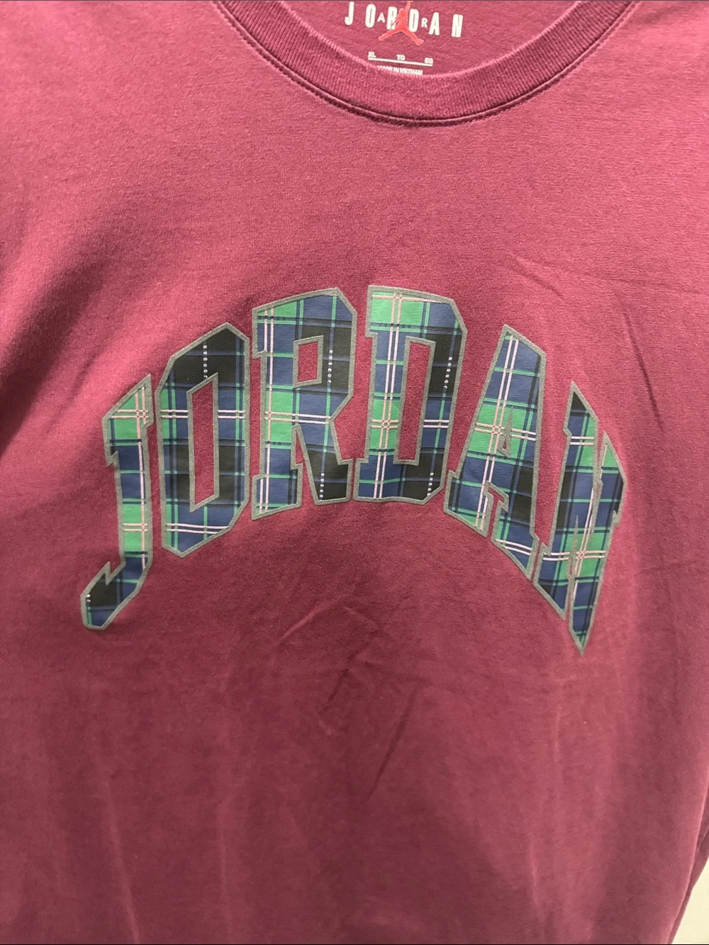 Jordan Plaid Logo Graphic T-Shirt Burgundy XL Cotton Tee